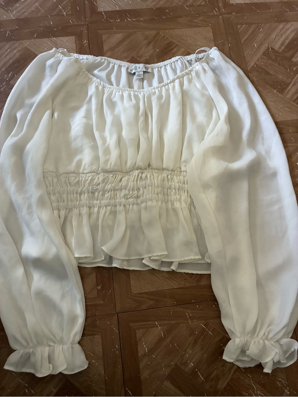 She + Sky Cream Off-Shoulder Smocked Waist Blouse